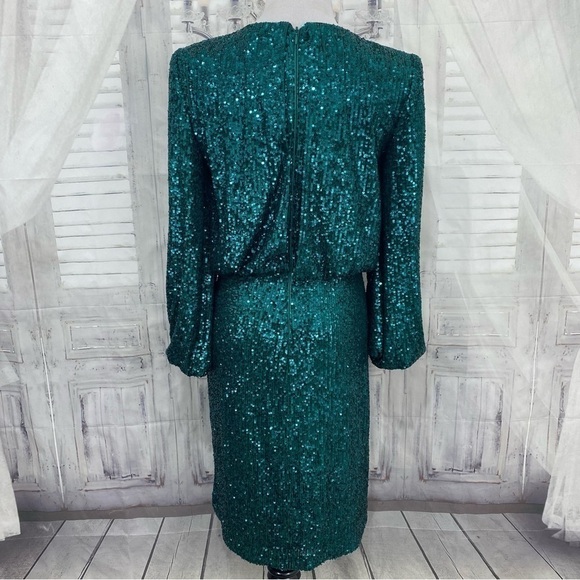 NWT Vince Camuto Size 6 Green 3/4 Balloon Sleeve Crew Neck Sequin Dress Sheath - Picture 8 of 14